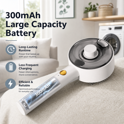 White USB Rechargeable Pet Spray Grooming Brush for Cats and Dogs, Self Cleaning Slicker Brush with Fine Mist, 140° Curved Stainless Steel Pins, One Click Hair Release, 300mAh Battery