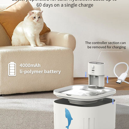 U7 Cat Water Fountain Waterer 3L/101oz, Wireless & USB Rechargeable Pet Water Fountain with 304 Stainless Steel Lid, Smart Infrared Motion Sensor Automatic Pet Water Dispenser, Ultra Quiet Pump, Detachable Easy Clean