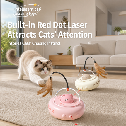 Pink Smart Cat Teaser Toy Rechargeable Interactive Cat Toy with Red Dot Light, Feather Wand, Obstacle Avoidance, Touch Wake-Up, Auto Standby, Soft Rubber Wheels, Cute Cat Design for Indoor Cats