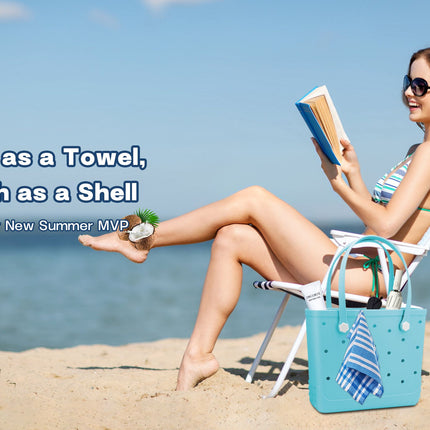 Waterproof Hexagon Mesh Beach Bag - Large Capacity Travel Storage Tote for Swimwear Towel Sunglasses - Lake Blue Medium 37x32x13cm