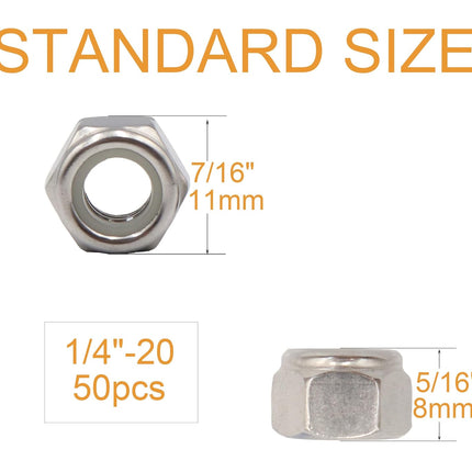 50pcs 1/4-20 Inch Nylon Inserted Self Locking Nuts - 304 Stainless Steel, 1/4" Nylock Nuts for Furniture, Tools, Handle