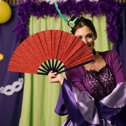Line Dance Popping Fan,13 Inches Clacking Fans for Line Dancing,Boots on The Ground Hand Fan,Popping Fans for Line Dancing,Music Festivals,Carnival,Disco, Party (Red Glitter)
