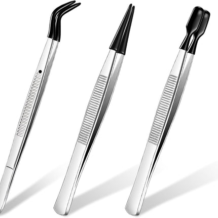 3 Pieces Tweezers with Rubber Tips PVC Coated Set Rubber Straight Flat Tip Long Bent Tweezers for Crafts Stamps Beads Jewelry Tools(Black)