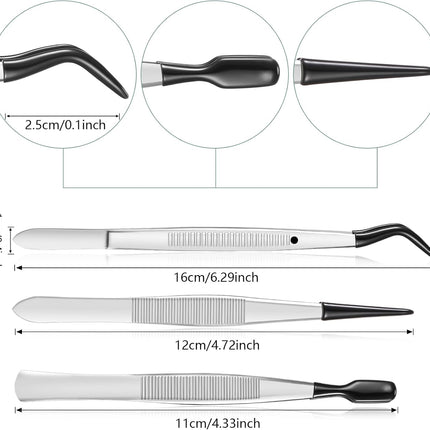3 Pieces Tweezers with Rubber Tips PVC Coated Set Rubber Straight Flat Tip Long Bent Tweezers for Crafts Stamps Beads Jewelry Tools(Black)
