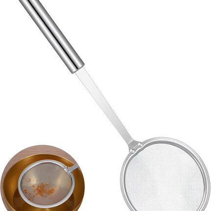 Stainless Steel Fat Skimmer Spoon 4” Fine Mesh Strainer with 9” Heat-Resistant Handle Grease Strainer Spoon Fat Separator for Cooking Frying Quinoa Soup Miso Foam Grease