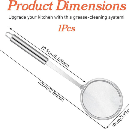 Stainless Steel Fat Skimmer Spoon 4” Fine Mesh Strainer with 9” Heat-Resistant Handle Grease Strainer Spoon Fat Separator for Cooking Frying Quinoa Soup Miso Foam Grease