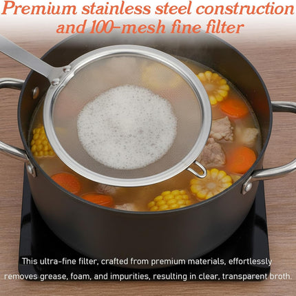 Stainless Steel Fat Skimmer Spoon 4” Fine Mesh Strainer with 9” Heat-Resistant Handle Grease Strainer Spoon Fat Separator for Cooking Frying Quinoa Soup Miso Foam Grease
