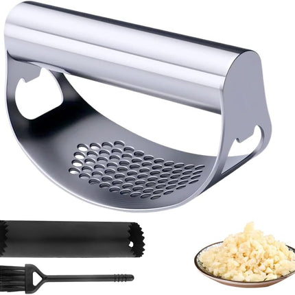 2025 New Stainless Steel Garlic Presser, Portable Manual Stainless Steel Garlic Press for Home Kitchen Utensils, Upgrade Rocker Crusher Masher with Garlic Peeling (1)