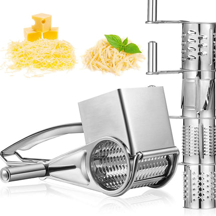 Rotary Cheese Grater Stainless Steel Handheld Rotary Parmesan Grater Cheese Cutter Slicer Shredder with 4 Stainless Drum for Grating Hard Chocolate Nuts Kitchen Tool