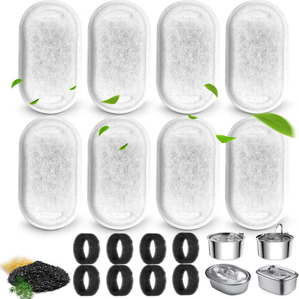 Cat Water Fountain Filters for 108/3.2L& 67oz/2L Stainless Steel Pet Water Dispenser Fountain Filter Replacement with 8 Sponges (8 Filters&8 Sponges)