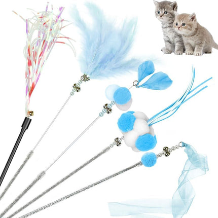 Cat Wand Toys, 5Pcs Interactive Kitten Feather Wand Toys for Bored Indoor Cats, Cat Teaser Wand with Bell and Crinkly Paper, Blue