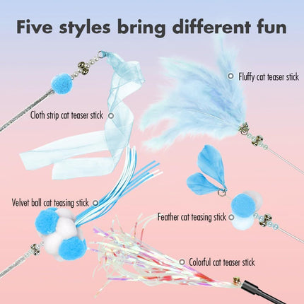 Cat Wand Toys, 5Pcs Interactive Kitten Feather Wand Toys for Bored Indoor Cats, Cat Teaser Wand with Bell and Crinkly Paper, Blue