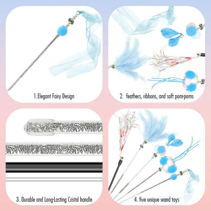 Cat Wand Toys, 5Pcs Interactive Kitten Feather Wand Toys for Bored Indoor Cats, Cat Teaser Wand with Bell and Crinkly Paper, Blue