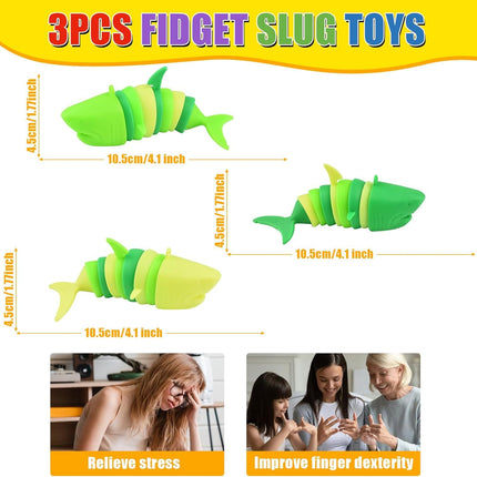 3 PCS Fidget Sharks Toys for Adults,3D Articulated Caterpillar Sensory Stress Relief Flexible Hand Toy, Ideal Party Favor Colorful Office Desk Toys