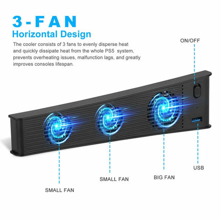 Portable 3 Fans Game Console Cooling Fan Playstation Accessories for PS5 DE/UHD Version Black