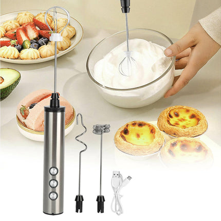 Stainless Steel Milk Frother, USB Charging, Handheld Electric Egg Beater for Home Kitchen