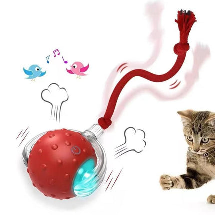 Motion Activate Interactive Cat Toy Rechargeable Smart Rolling Ball with Rope Red