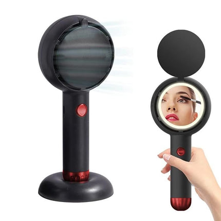 Mini Handheld Fan with LED Light Makeup Mirror Rechargeable Portable Fan Black