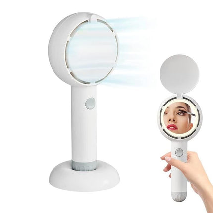 Mini Handheld Fan with LED Light Makeup Mirror Rechargeable Portable Fan White