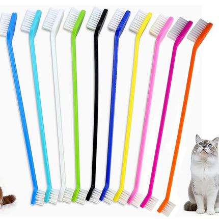 10 Pcs Pet Toothbrush Dual-End Long Handle for Dogs Cats