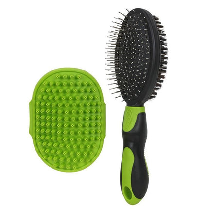 2 Pack Pet Grooming Brush Set Deshedding Double Sided Comb Massage Brush-Green