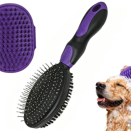 2 Pack Pet Grooming Brush Set Deshedding Double Sided Comb Massage Brush-Purple