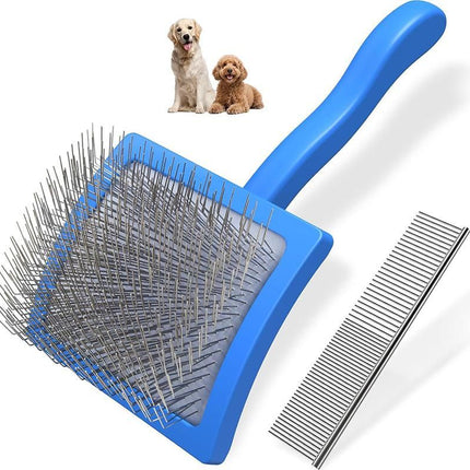 2Pcs Dog Slicker Brush & Comb Set for Grooming Detangling & Hair Removal-Blue
