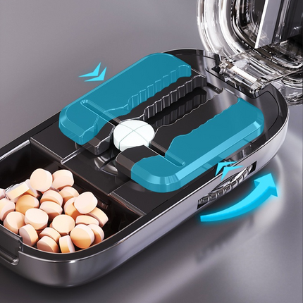 2-in-1 Pill Cutter with Storage Box, Adjustable Rotary Clip Pill Splitter for Halving and Quartering, Portable Travel Medicine Container for Various Tablet Sizes - Black