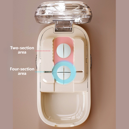 2-in-1 Pill Cutter with Storage Box, Adjustable Rotary Clip Pill Splitter for Halving and Quartering, Portable Travel Medicine Container for Various Tablet Sizes—Blue