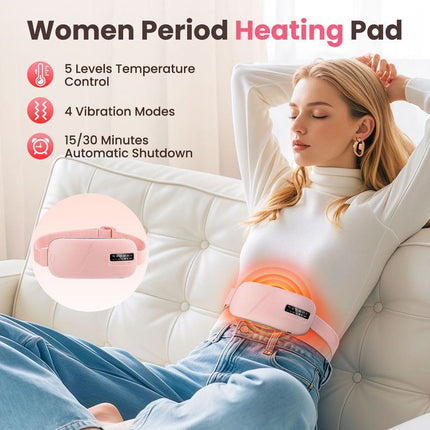 LED Display Period Heating Belt for Women, 5 Heat Settings & 4 Vibration Modes Wireless Menstrual Cramp Relief Waist Heating Pad - White