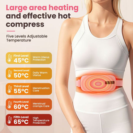 LED Display Period Heating Belt for Women, 5 Heat Settings & 4 Vibration Modes Wireless Menstrual Cramp Relief Waist Heating Pad - White