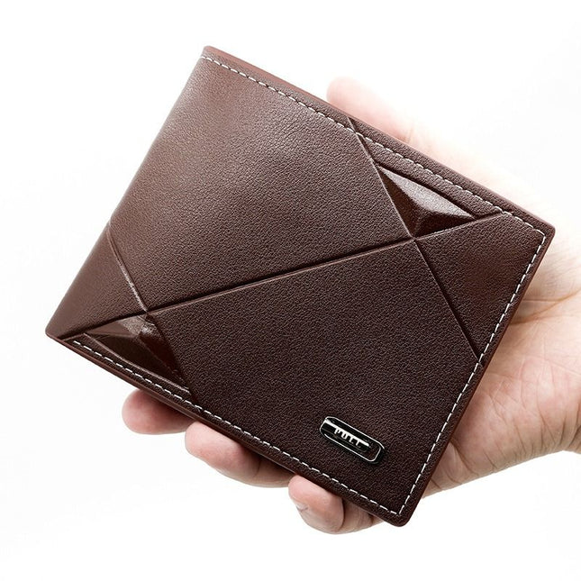 Men's Short Bifold PU Wallet, Geometric Embossed Billfold with Multiple Card Slots and Zipper Coin Pocket for Business and Casual Daily Use - Light Brown