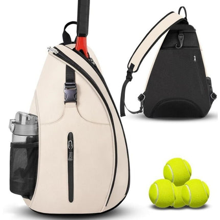 Multifunction Sling Tennis Bag, Waterproof Oxford Crossbody Sports Backpack, with Water Bottle Pocket & Hidden Ball Compartment—White