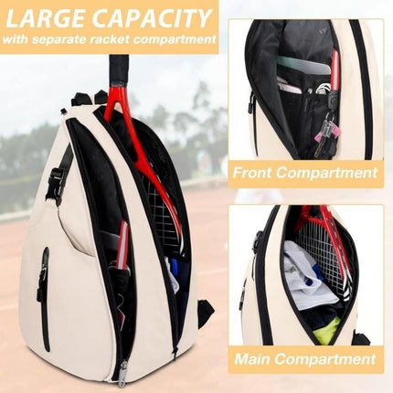 Multifunction Sling Tennis Bag, Waterproof Oxford Crossbody Sports Backpack, with Water Bottle Pocket & Hidden Ball Compartment—White
