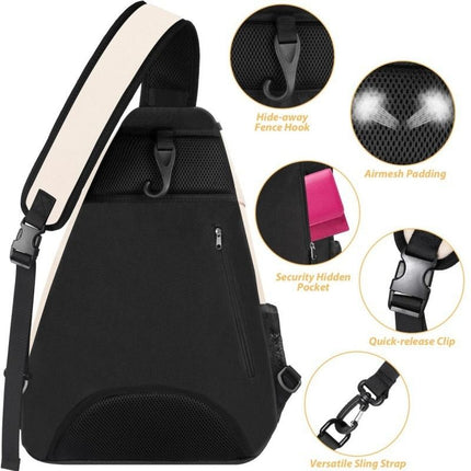 Multifunction Sling Tennis Bag, Waterproof Oxford Crossbody Sports Backpack, with Water Bottle Pocket & Hidden Ball Compartment—White