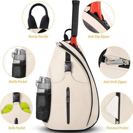 Multifunction Sling Tennis Bag, Waterproof Oxford Crossbody Sports Backpack, with Water Bottle Pocket & Hidden Ball Compartment—Black