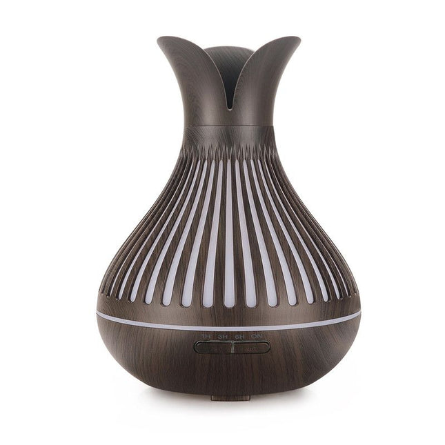 Wood Grain Flower Vase Diffuser and Humidifier, 7-Color LED Light, Timer, and Remote Control, 500 mL Ultrasonic Aroma Diffuser—Dark Wood