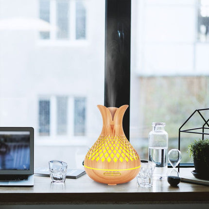 500ML Diamond Hollow Wood Grain Diffuser Humidifier, 7-Color LED Night Light, Remote Control, Timer, Continuous & Intermittent Mist - Dark Wood
