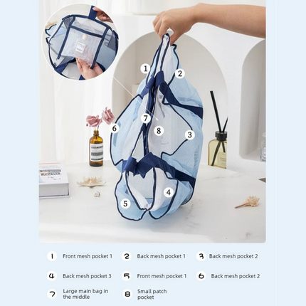 Multi-Pocket Mesh Beach Swim Bag, Dry/Wet Separation, Large Capacity Gym Tote with Bonus Mini Round Mesh Pouch - Blue