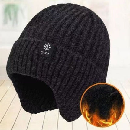 Men's Fleece-Lined Ear Protection Knit Beanie, Warm Thick Winter Hat for Dad or Grandpa—Black