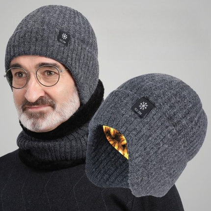 Men's Fleece-Lined Ear Protection Knit Beanie, Warm Thick Winter Hat for Dad or Grandpa—Gray