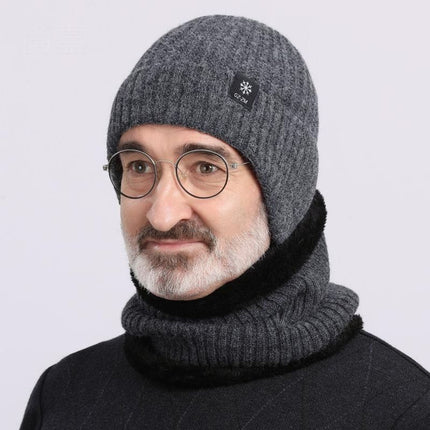 Men's Fleece-Lined Ear Protection Knit Beanie, Warm Thick Winter Hat for Dad or Grandpa—Gray