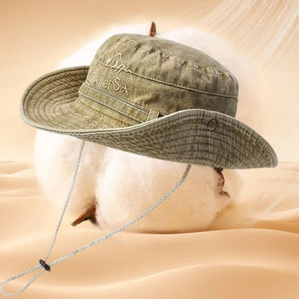 Vintage Washed Embroidered Bucket Hat, Wide-Brim Sun Hat with Drawstring for Hiking and Outdoor Activities - Beige