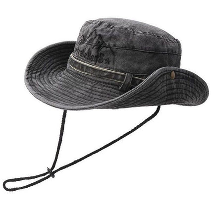 Vintage Washed Embroidered Bucket Hat, Wide-Brimmed Sun Hat with Drawstring for Hiking and Outdoor Activities—Black