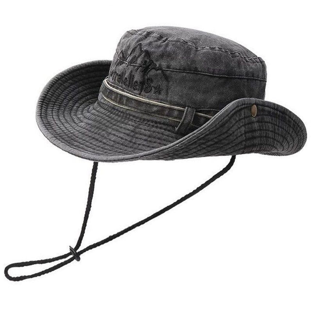 Vintage Washed Embroidered Bucket Hat, Wide-Brimmed Sun Hat with Drawstring for Hiking and Outdoor Activities—Black