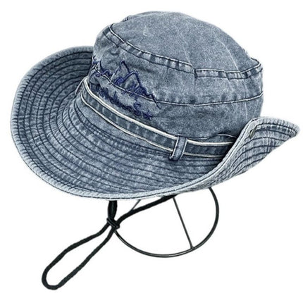 Vintage Washed Embroidered Bucket Hat, Wide-Brim Sun Hat with Drawstring for Hiking and Outdoor Activities - Blue
