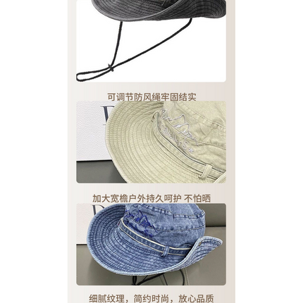 Vintage Washed Embroidered Bucket Hat, Wide-Brimmed Sun Hat with Drawstring for Hiking and Outdoor Activities—Green