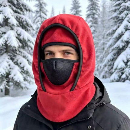 Fleece Integrated Thermal Balaclava, Windproof Face & Neck Cover Hat for Skiing, Cycling, and Outdoor Sports - Red