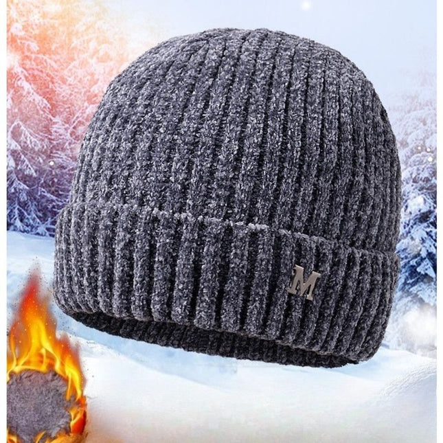 Men's Fleece-Lined Thick-Knit Beanie, Warm Winter Stretch Cold-Proof Skull Cap for Outdoor Cycling—Gray