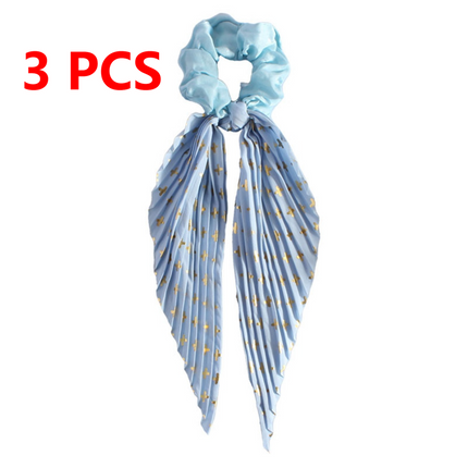 Printed Pleated Scarf Scrunchie, Elegant Long Ribbon Hair Tie for Women—Ponytail Hair Accessories (3-Pack)—Blue